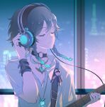  1boy androgynous black_hair blue_hair choker closed_eyes colored_tips genshin_impact green_hair guitar hand_on_headphones headband highres instrument jewelry multicolored_hair necklace otoko_no_ko pale_skin vanink venti_(genshin_impact) wire 