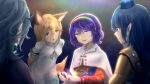  4girls :o animal_ears arms_behind_back black_shirt blonde_hair blue_background blue_dress blue_eyes blue_hair blue_headwear breasts cape card cloak closed_mouth dress fox_ears fox_girl fox_tail gem green_ribbon hat himemushi_momoyo holding holding_card iizunamaru_megumu jewelry kudamaki_tsukasa leaning_forward long_hair long_sleeves messy_hair multicolored_clothes multicolored_hairband multiple_girls open_mouth patchwork_clothes pointy_ears rainbow_gradient red_button red_eyes ribbon ring romper shirt short_hair short_sleeves small_breasts smile tail tengu tenkyuu_chimata tokin_hat touhou white_cloak yellow_eyes zatsuyousan zipper 