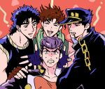  4boys battle_tendency black_hair blue_hair brown_hair chain cigarette diamond_wa_kudakenai family fingerless_gloves gloves green_scarf hat higashikata_josuke highres jojo_no_kimyou_na_bouken jonathan_joestar joseph_joestar joseph_joestar_(young) kujo_jotaro male_focus multiple_boys nitako phantom_blood pompadour scarf stardust_crusaders 