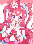  1girl :d back_bow bow choker cure_precious delicious_party_precure double_bun double_v earrings hair_bow hair_cones heart heart_brooch highres huge_bow jewelry long_hair looking_at_viewer magical_girl nagomi_yui open_mouth pink_bow pink_hair precure purple_eyes red_choker smile solo two_side_up umiyuki_(umi_chu) upper_body v 