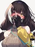 1girl bangs bare_shoulders blush breasts diieru embarrassed eyebrows_visible_through_hair gas_mask girls&#039;_frontline heterochromia highres large_breasts long_hair low_twintails mask mouth_mask multicolored_hair off_shoulder red_eyes ro635_(girls&#039;_frontline) solo streaked_hair twintails yellow_eyes 