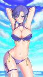  0-pie 1girl armpits arms_behind_head blue_eyes blush breasts cleavage commentary_request earrings eyebrows_visible_through_hair fire_emblem fire_emblem:_the_blazing_blade gloves gold_trim highres jewelry looking_at_viewer navel ocean parted_lips purple_hair seductive_smile short_hair sky smile sweat swimsuit ursula_(fire_emblem) 