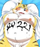 2022 anthro balls bed belly black_nose blush bodily_fluids clothed clothing diru11 felid furniture genitals humanoid_genitalia humanoid_hands humanoid_penis kemono lying male mammal moobs navel nipples open_clothing open_shirt open_topwear overweight overweight_male pantherine penis shirt solo sweat tiger topwear white_body yellow_body 
