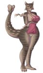  anthro apron apron_only areola biped breasts cleavage clothed clothing dinosaur female genitals hi_res looking_at_viewer mostly_nude pussy reina. reptile scalie simple_background solo spikes standing white_background 