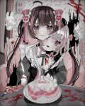  2girls absurdres blood brown_hair bunny cake crazy food hanataro_(sruvhqkehy1zied) highres long_hair multicolored_hair multiple_girls original pale_skin pink_eyes pink_hair raw_meat scared twintails very_long_hair white_hair yandere yuri 