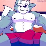  anthro bulge canid canine canis clothing digital_media_(artwork) fizzyjay fur grey_body grey_fur hi_res looking_at_viewer male mammal muscular muscular_male nintendo nipples simple_background smile solo star_fox underwear video_games wolf wolf_o&#039;donnell 