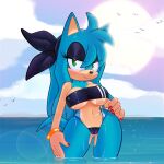  anthro auntymoira big_breasts blue_hair breasts butt_from_the_front clothing eulipotyphlan female gris_swimsuit hair hedgehog hi_res mammal sega solo sonic_the_hedgehog_(series) swimwear teasing translucent translucent_clothing translucent_swimwear water wide_hips 