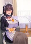  1girl absurdres apron bed blanket blurry blush breasts brown_eyes brown_hair choker cleavage couch curtains depth_of_field eyebrows_visible_through_hair food fruit hair_between_eyes heater highres huge_breasts long_hair looking_at_viewer maid maid_apron maid_headdress natsuishi_nana open_mouth oppai_mochi orange_(fruit) orange_peel original sitting window yonpaku_eyes_maid-san 