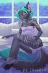  4_toes 5_fingers anthro blue_eyes breasts clothed clothing feet female fingers fur green_hair hair imanika looking_at_viewer smile solo striped_body striped_fur stripes toes 