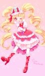  1girl ;d aisaki_emiru blonde_hair boots bow character_name cure_macherie curly_hair diamond-shaped_brooch dress earrings frilled_legwear gloves gradient gradient_background hair_bow highres hugtto!_precure jewelry knee_boots kuzumochi layered_dress legs_apart long_hair looking_at_viewer magical_girl one_eye_closed open_mouth pink_background pom_pom_(clothes) pom_pom_earrings pouch precure purple_bow red_bow red_dress red_eyes red_footwear shiny shiny_hair smile solo thighhighs twintails waist_bow white_gloves white_legwear 