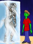  2021 absurd_res anon anthro anthrofied blue_sky_studios bottomwear breasts clothing club_(weapon) crossover duo featureless_breasts featureless_crotch felid female flaminhotcheatoes frozen hanna-barbera hi_res human ice_age_(series) machairodontine male male/female mammal melee_weapon meme pantherine pants parody redout scooby-doo_(series) shaggy_rogers shira_(ice_age) shirt simple_background skooks tiger topwear weapon 