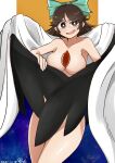  1girl absurdres bangs bird_wings black_wings bow breasts brown_eyes brown_hair cape cocked_eyebrow commentary_request eyebrows_visible_through_hair feet_out_of_frame green_bow hair_bow highres large_breasts long_hair looking_at_viewer naked_cape nude open_mouth reiuji_utsuho smile solo starry_sky_print third_eye touhou white_cape wing_censor wings yokuaka 