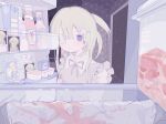  1girl bandages bow crazy eguchi_saan eyepatch hair_ornament hairclip highres looking_inside original pale_skin pastel_colors picture_(object) purple_eyes raw_meat refrigerator ribbon short_ponytail solo white_hair 