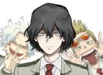  3boys black_hair blonde_hair blurry blurry_background boku_no_hero_academia depth_of_field eraser_head_(boku_no_hero_academia) expressionless eyewear_on_head hair_between_eyes long_bangs loud_cloud making_faces male_focus messy_hair middle_finger multiple_boys open_mouth present_mic quiff school_uniform short_hair solo_focus tongue tongue_out u.a._school_uniform ura_musi white_background white_hair younger 