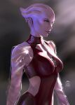  1girl absurdres alien artist_logo asari blurry blurry_background breasts cleavage cleavage_cutout clothing_cutout collar colored_skin cowboy_shot dress eleonora_lisi green_eyes highres long_sleeves looking_to_the_side mass_effect_(series) medium_breasts purple_hair purple_lips purple_skin red_collar red_dress red_eyeliner science_fiction see-through_sleeves side_cutout simple_background skin_tight solo standing tentacle_hair 