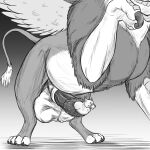  anthro anthro_prey avian ball_bulge balls big_balls big_penis black_and_white cock_vore duo feral feral_pred genitals group gryphon gryphon_pred hi_res monochrome muzzle_(object) muzzled mythological_avian mythology penile penile_spines penis quadruped raised_leg simple_background size_difference thatgryphonguy underbelly unwilling_prey vein vore wings 