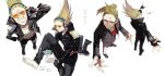  1boy :d belt bespectacled blonde_hair blurry boku_no_hero_academia boots casual costume crested_hair depth_of_field epaulettes facial_hair fingerless_gloves glasses gloves green_eyes grin hair_up headphones highres holding holding_phone jacket long_hair male_focus microphone multiple_views mustache on_floor pants phone present_mic rivets shoes shoes_removed simple_background smile standing sunglasses tabi text_messaging tied_hair tinted_eyewear translation_request ura_musi white_background 