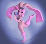  3d_(artwork) accessory anthro bare_butt big_ears black_sclera bottomless bottomwear butt clothed clothing digital_media_(artwork) drinking earband exercise_clothing female gesture hair hair_accessory hairband hi_res looking_at_viewer lopunny nintendo pink_hair pok&eacute;mon pok&eacute;mon_(species) purple_eyes raised_leg shirt shorts siakstuff simple_background solo tank_top tight_clothing topwear v_sign video_games workout_clothing 
