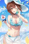  1girl bangs bikini blush breasts brown_eyes brown_hair cleavage eyebrows_visible_through_hair frilled_bikini frills hat highres idolmaster idolmaster_cinderella_girls igarashi_kyoko looking_at_viewer midriff navel one_eye_closed open_mouth ramune sarong shaved_ice short_hair smile solo sun_hat swimsuit yigra_don 