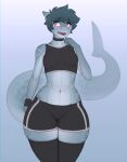  absurd_res anthro blush bottomwear breasts clothed clothing digital_media_(artwork) embarrassed female fish hair hi_res legwear looking_away marine navel open_mouth shark shirt short_hair simple_background slashner small_breasts solo standing teeth thick_thighs thigh_highs tongue topwear wide_hips 