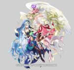  2girls asymmetrical_legwear azura_(fire_emblem) blonde_hair blue_hair breasts choker feathers fire_emblem fire_emblem:_radiant_dawn fire_emblem_fates fire_emblem_heroes full_body green_eyes holding holding_torch kaya8 leanne_(fire_emblem) long_hair looking_at_viewer medium_breasts multiple_girls navel official_alternate_costume official_art pantyhose toeless_legwear torch veil very_long_hair wings yellow_eyes 