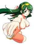  1980s_(style) 1girl ass breasts completely_nude eyebrows_visible_through_hair floating_hair green_eyes green_hair hairband highres holding large_breasts long_hair looking_at_viewer mahjong mahjong_tile nipples non-web_source nude official_art outstretched_arm photoshop_(medium) retro_artstyle shoko_(super_real_mahjong) simple_background smile solo super_real_mahjong tanaka_ryou white_background 