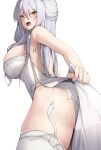  1girl ass breasts ddangbi dress garter_straps hair_between_eyes large_breasts long_hair mole open_mouth original panties simple_background sweat tattoo teeth thighhighs thighs torn_clothes torn_panties underwear upper_teeth white_background white_dress white_hair white_legwear yellow_eyes 