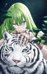  1girl bangs branch covering_mouth earrings enkidu_(fate) fate/grand_order fate_(series) green_eyes green_hair highres jewelry leaf long_hair looking_at_viewer outdoors ring siya_ho solo tiger upper_body white_tiger 