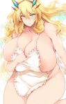  1girl absurdres apron bangs bare_shoulders blonde_hair blush breasts cleavage collarbone fairy_knight_gawain_(fate) fate/grand_order fate_(series) frilled_apron frills green_eyes highres horns huge_breasts long_hair looking_at_viewer naked_apron nipple_slip nipples sideboob solo thick_thighs thighs tsukasawa_takamatsu white_apron 