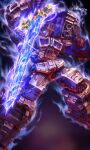 decepticon glowing glowing_eyes highres holding holding_sword holding_weapon mecha nemesis_prime no_humans open_hand purple_eyes science_fiction solo sword transformers twitter_username uungunover weapon 
