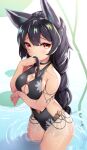  1girl bare_shoulders black_hair braid breast_hold breasts cleavage covering_mouth erune granblue_fantasy highres long_hair looking_at_viewer medium_breasts nier_(granblue_fantasy) nyama_(12060517) one-piece_swimsuit partially_submerged red_eyes single_braid solo swimsuit 