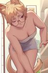  1girl animal_ear_fluff animal_ears bare_arms bare_shoulders bent_over blonde_hair blue_eyes breasts cat_ears cat_girl cat_tail commentary glasses indoors medium_breasts naked_towel one_eye_closed original razalor round_eyewear short_hair solo symbol-only_commentary tail thick_eyebrows towel 