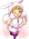  1boy :d ;d animal_costume blonde_hair blush bunny_costume buttons gloves green_eyes himeno_kanon hood hood_up idolmaster idolmaster_side-m lowres male_focus menokonome one_eye_closed pink_gloves smile solo thighhighs 