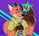  &lt;3 abstract_background anthro bedroom_eyes canid canine clothed clothing clothing_pull disney fox fur green_clothing hi_res humanoid looking_at_viewer male mammal narrowed_eyes necktie necktie_pull nick_wilde orange_body orange_fur seductive silly_face solo tonton_tonayan zootopia 