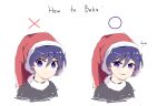  1girl absurdres bangs circle closed_mouth commeowdore cross doremy_sweet dress english_text eyebrows_visible_through_hair grey_dress hair_between_eyes hat highres looking_at_viewer open_mouth pom_pom_(clothes) purple_eyes purple_hair red_headwear short_hair short_sleeves simple_background smile smug solo touhou upper_body white_background 