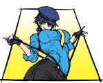  androgynous blue_hair blue_shirt breasts cabbie_hat cowboy_shot fingerless_gloves gloves grey_eyes grey_pants hat henriiku_(ahemaru) large_breasts necktie pants persona reverse_trap shirogane_naoto shirt short_hair suspenders yellow_background yellow_necktie 