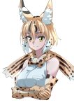  1girl absurdres animal_ear_fluff animal_ears arms_under_breasts bangs bare_shoulders black_hair blonde_hair bow bowtie breasts commentary cropped_torso elbow_gloves extra_serval_(kemono_friends) eyebrows_visible_through_hair gloves gradient_hair hair_between_eyes highres kemono_friends looking_at_viewer medium_breasts multicolored_hair print_bow print_bowtie print_gloves serval_print shirt simple_background sleeveless sleeveless_shirt smile solo tanabe_(fueisei) teeth upper_teeth white_background white_hair white_shirt yellow_eyes 