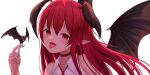  1girl adapted_costume bangs bare_shoulders bat bat_wings choker hair_between_eyes hand_up head_wings ju-ok koakuma long_hair looking_at_viewer nail_polish open_mouth pointy_ears red_eyes red_hair slit_pupils solo tongue tongue_out touhou white_background wing_collar wings 