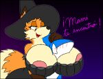  anthro areola armello between_breasts big_breasts black_suit blue_body blue_skin blush breasts canid canine clothed clothing duo female fish flustered fox fur hat headgear headwear larger_female looking_at_another low_res male male/female mammal marine nimble_(toongstar) orange_body orange_fur orange_skin outline patting patting_head pink_areola scarlet_(armello) shark simple_background size_difference smug spanish_text text toongstar video_games visible_nipples white_body white_outline white_skin witch_hat yellow_eyes 
