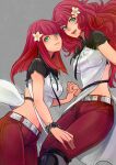  2girls belt breasts closed_mouth devola flower green_eyes hair_flower hair_ornament holding_hands long_hair looking_at_viewer medium_breasts multiple_girls nier_(series) nier_automata open_mouth payu_(pyms11) popola red_hair siblings simple_background sisters smile twins 