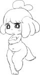  animal_crossing anthro belly bunnag canid canine canis covering_chest domestic_dog embarrassed female isabelle_(animal_crossing) mammal navel nintendo on_one_leg shih_tzu simple_background sketch solo standing toy_dog video_games white_background 