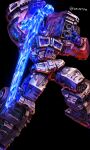  autobot black_background glowing glowing_eyes highres holding holding_sword holding_weapon mecha no_humans open_hand optimus_prime purple_eyes science_fiction solo sword transformers twitter_username uungunover weapon 