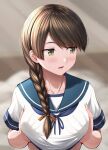  1girl blue_sailor_collar blush braid brown_eyes brown_hair collarbone eyebrows_visible_through_hair highres ichikawa_feesu kantai_collection long_hair looking_away open_mouth sailor_collar school_uniform serafuku short_sleeves single_braid solo upper_body uranami_(kancolle) 