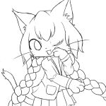  anthro bottomwear braided_hair bunnag cat_busters clothing domestic_cat felid feline felis female hair jacket line_art long_hair mammal monochrome neko_hakase one_eye_closed open_mouth paws pigtails simple_background skirt solo topwear twin_braids whiskers white_background 