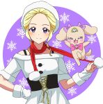  1girl alternate_hairstyle blonde_hair christmas commentary dog dress dress_straps fuurin_asumi gloves hair_up half_gloves hand_on_hip hat healin&#039;_good_precure highres kousuke0912 latte_(precure) looking_at_viewer off-shoulder_dress off_shoulder open_mouth precure purple_eyes red_scarf scarf short_sleeves sidelocks smile snowflake_background solo upper_body white_dress white_gloves white_headwear 