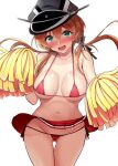  1girl bare_arms bare_legs bare_shoulders bikini blonde_hair blush breasts cheering cheerleader collarbone cowboy_shot eyebrows_visible_through_hair gin&#039;ichi_(akacia) green_eyes groin hair_between_eyes holding holding_pom_poms kantai_collection large_breasts long_hair low_twintails navel open_mouth pom_pom_(cheerleading) prinz_eugen_(kancolle) red_bikini simple_background smile solo swimsuit twintails white_background 