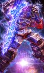  autobot glowing glowing_eyes highres holding holding_sword holding_weapon mecha no_humans open_hand optimus_prime purple_eyes science_fiction solo sword transformers twitter_username uungunover weapon 