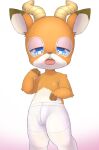  animal_crossing antelope anthro beau_(animal_crossing) blue_eyes bottomwear bovid bulge bunnag clothed clothing girly half-closed_eyes hi_res hooves horn kindergarten_uniform male mammal narrowed_eyes nintendo nipples open_mouth partially_clothed simple_background solo standing topless topless_male video_games 