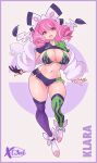  1girl ass_visible_through_thighs bow bra breasts character_name clothes_lift drill_hair full_body fur_coat gloves hair_bow highres klara_(pokemon) large_breasts navel open_mouth pink_hair poke_ball_symbol pokemon pokemon_(game) pokemon_swsh purple_eyes shirt_lift short_shorts shorts single_glove solo stomach thigh_gap thighhighs underwear x-t3al 