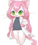  anthro barefoot blush bottomless braided_hair bunnag cat_busters clothed clothing coat domestic_cat feet felid feline felis female fur genitals green_eyes hair hi_res lab_coat long_hair mammal neko_hakase pigtails pink_body pink_fur pink_hair pussy simple_background solo standing topwear twin_braids whiskers white_background 